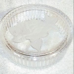 VTG Teleflora Ribbed Oval Glass Trinket/Candy dish w/ Etched Frosted Ros…